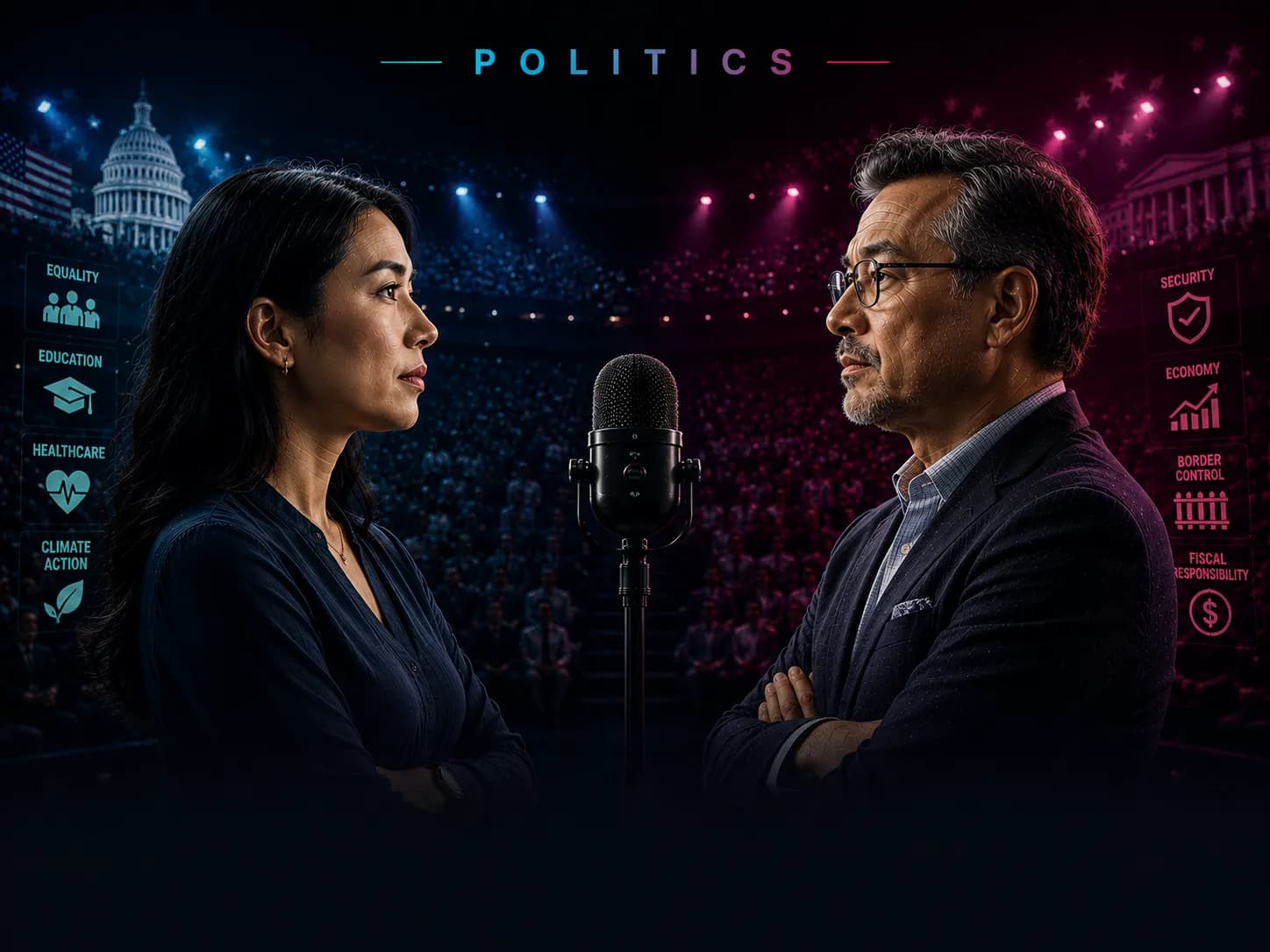 Two debaters facing off across the arena