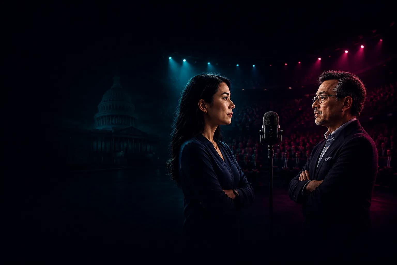 Two debaters facing off across the arena